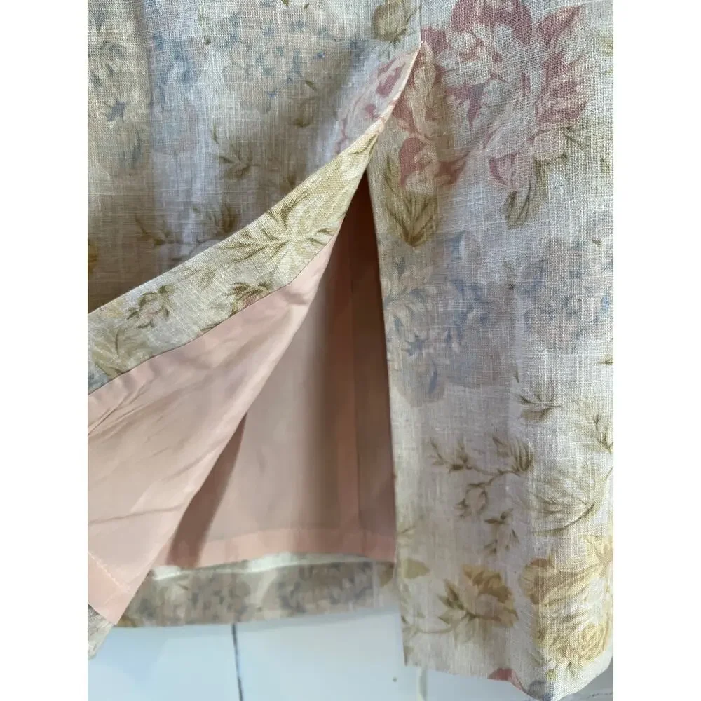 Vintage Chelsea Campbell High Waisted Linen Midi Skirt Beige Floral Print